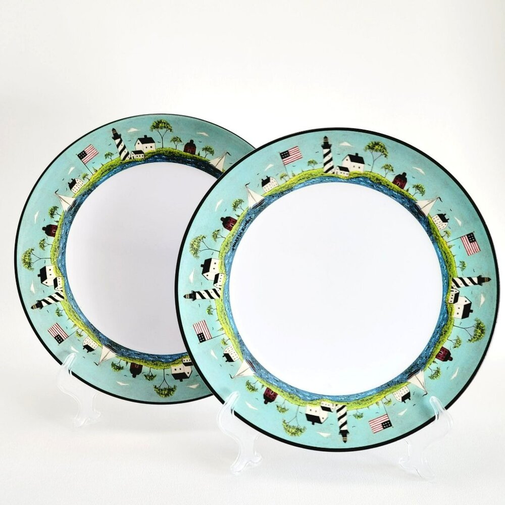 Coastal Breeze Plastic Dinner Plate Set Lighthouse & Flag Warren Kimble Folk Art